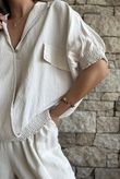 Basso Button Drape Cap Sleeve Shirt Calico